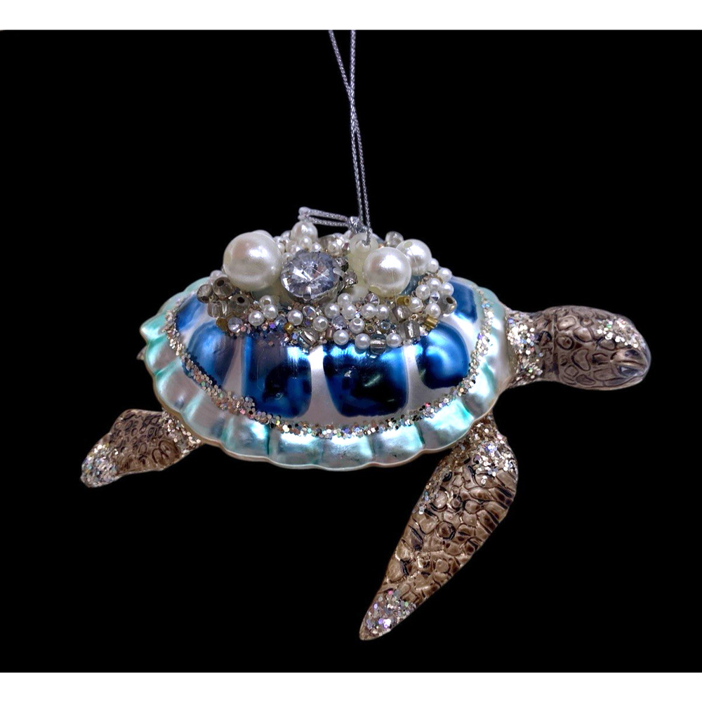 Sea Turtle Christmas Ornament Mercury Glass Jewel Encrusted Beachy Ocean Life 5"